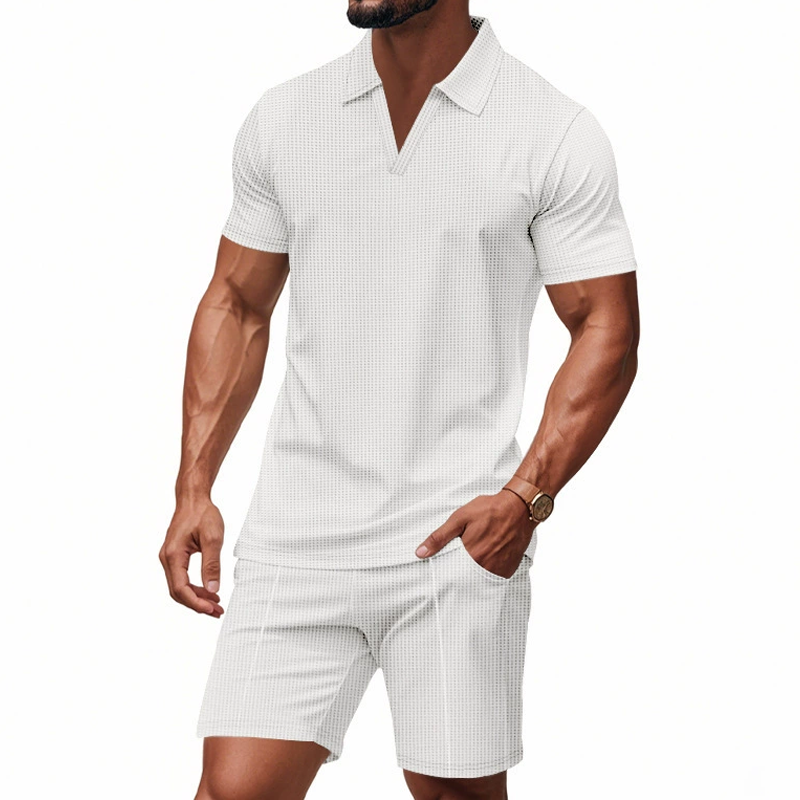 Men's Solid Waffle Lapel Short Sleeve Polo Shirt Elastic Waist Shorts Casual Set 9922014707896
