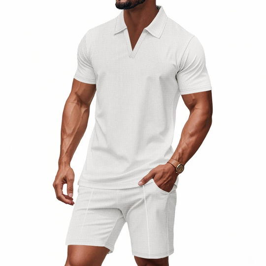 Men's Solid Waffle Lapel Short Sleeve Polo Shirt Elastic Waist Shorts Casual Set 9922014707896