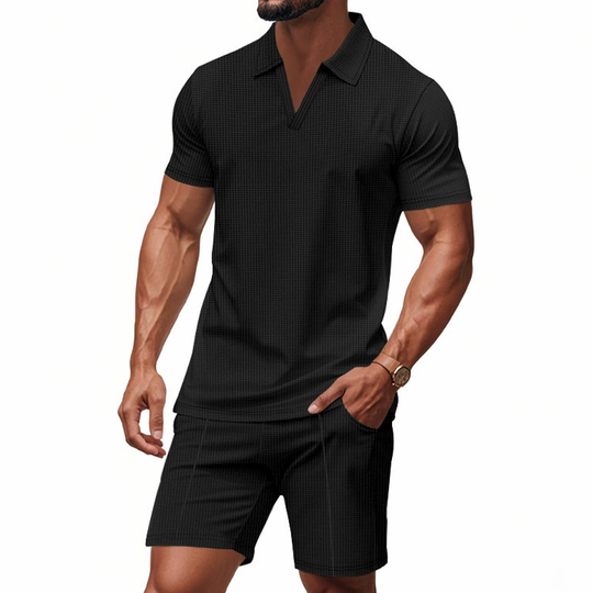 Men's Solid Waffle Lapel Short Sleeve Polo Shirt Elastic Waist Shorts Casual Set 9922014707896