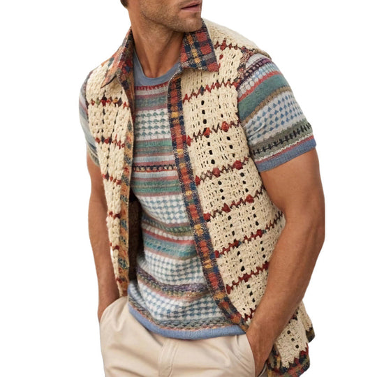 Men's Vintage Apricot Knitted Lapel Mesh Vest 9922014871736