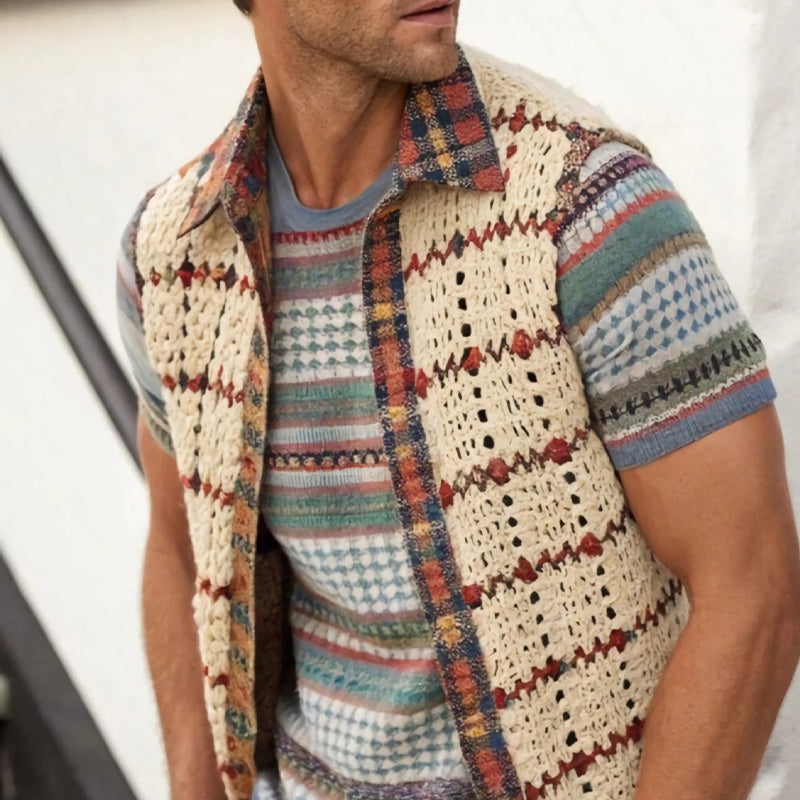 Men's Vintage Apricot Knitted Lapel Mesh Vest 9922014871736