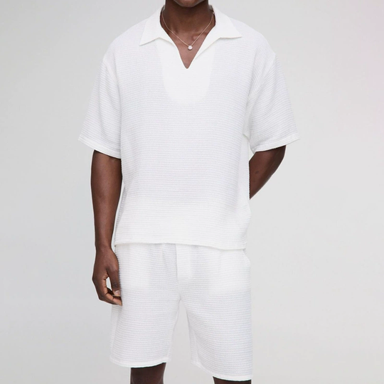 Men's Solid Loose Waffle Lapel Short Sleeve Tops Elastic Waist Shorts Casual Set 9922014740664