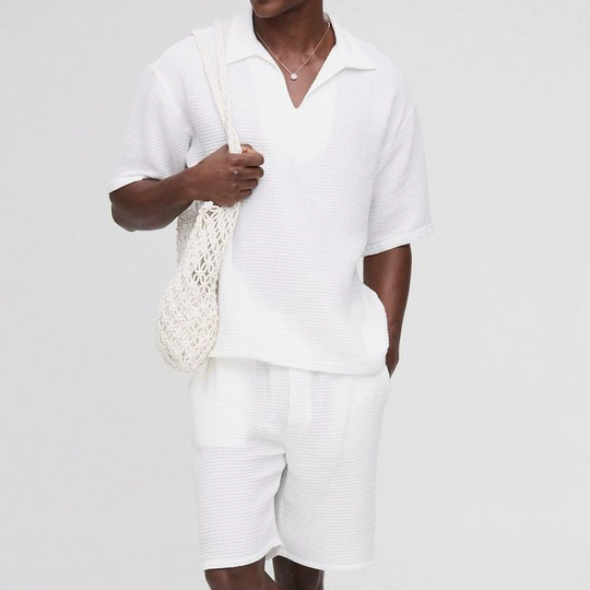 Men's Solid Loose Waffle Lapel Short Sleeve Tops Elastic Waist Shorts Casual Set 9922014740664