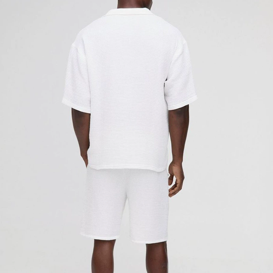 Men's Solid Loose Waffle Lapel Short Sleeve Tops Elastic Waist Shorts Casual Set 9922014740664