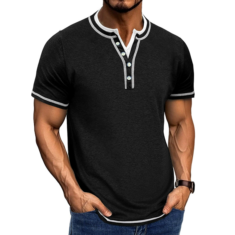 Men's Fashion Colorblock Henley Collar Short Sleeve Casual T-shirt 9922014773432
