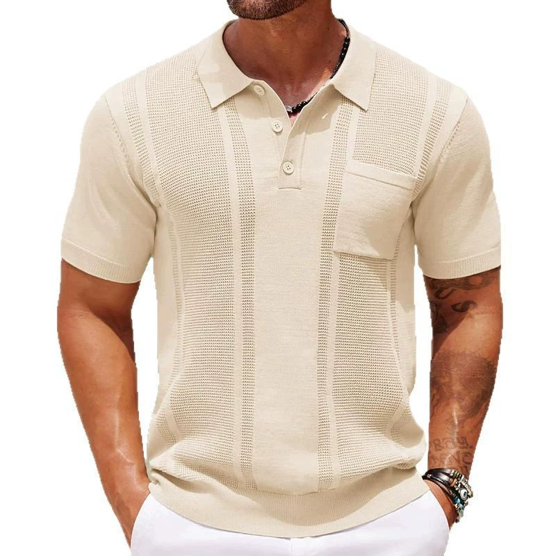 Men's Fashion Striped Knit Lapel Short Sleeve Chest Pocket Polo Shirt 9922014806200
