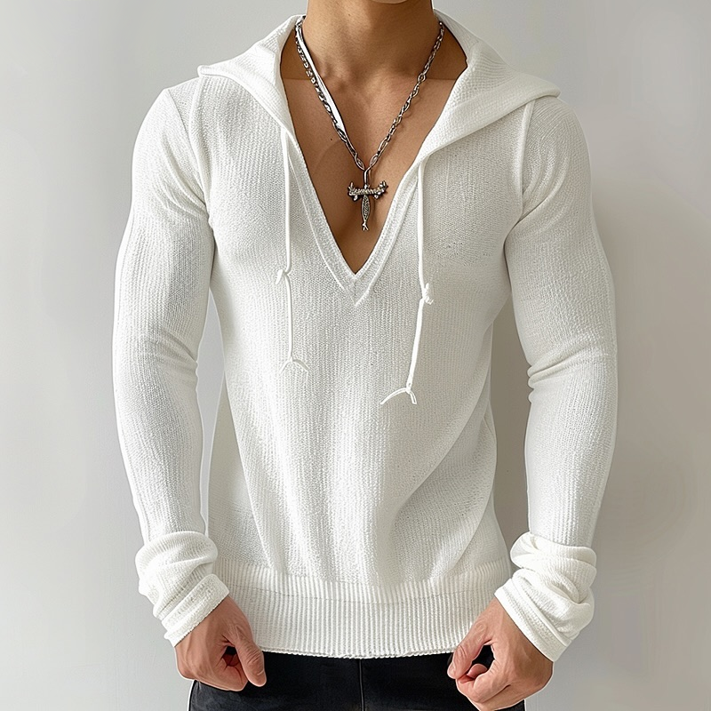 Men's Solid Knit Hooded V Neck Long Sleeve Sweater 9922452095160