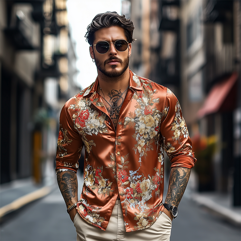 Men's Spring and Summer Fashionable Retro Printed Satin Long Sleeve Shirt 9922455797944