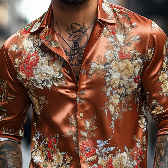 Men's Spring and Summer Fashionable Retro Printed Satin Long Sleeve Shirt 9922455797944