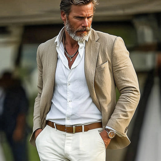 Men's Spring and Autumn Khaki Cotton and Linen Casual Blazer 9922457043128