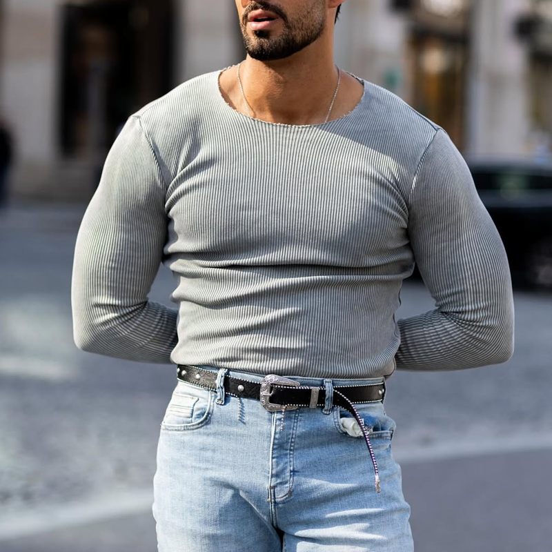 Men's Fashion Washed Striped Round Neck Long Sleeve T-shirt 9922452324536