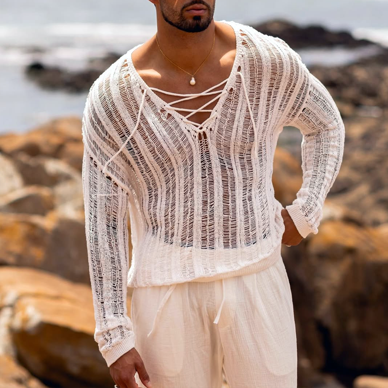 Men's Solid Knit Hollow Lace-up V Neck Long Sleeve Sweater 9922452684984