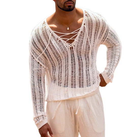 Men's Solid Knit Hollow Lace-up V Neck Long Sleeve Sweater 9922452684984