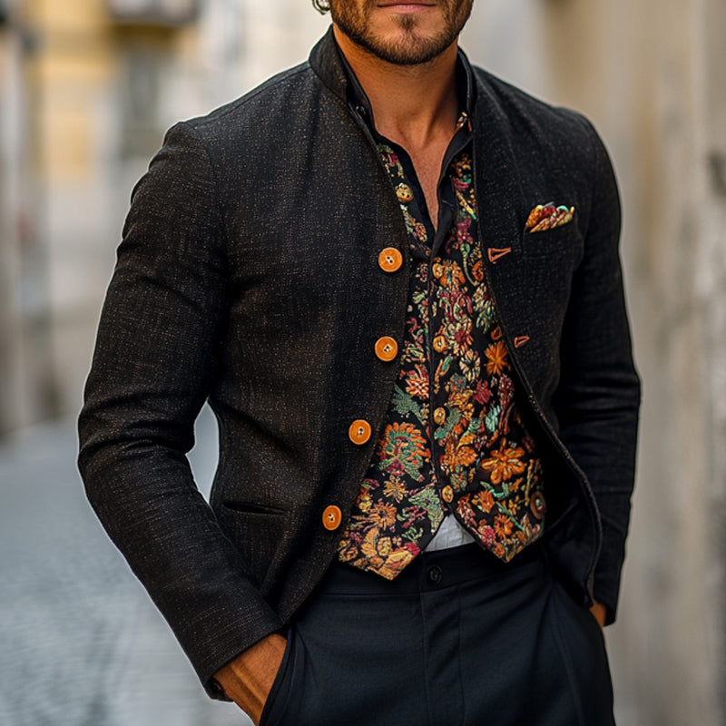 Men's Spring and Autumn Vintage Blended Stand Collar Blazer 9922457338040
