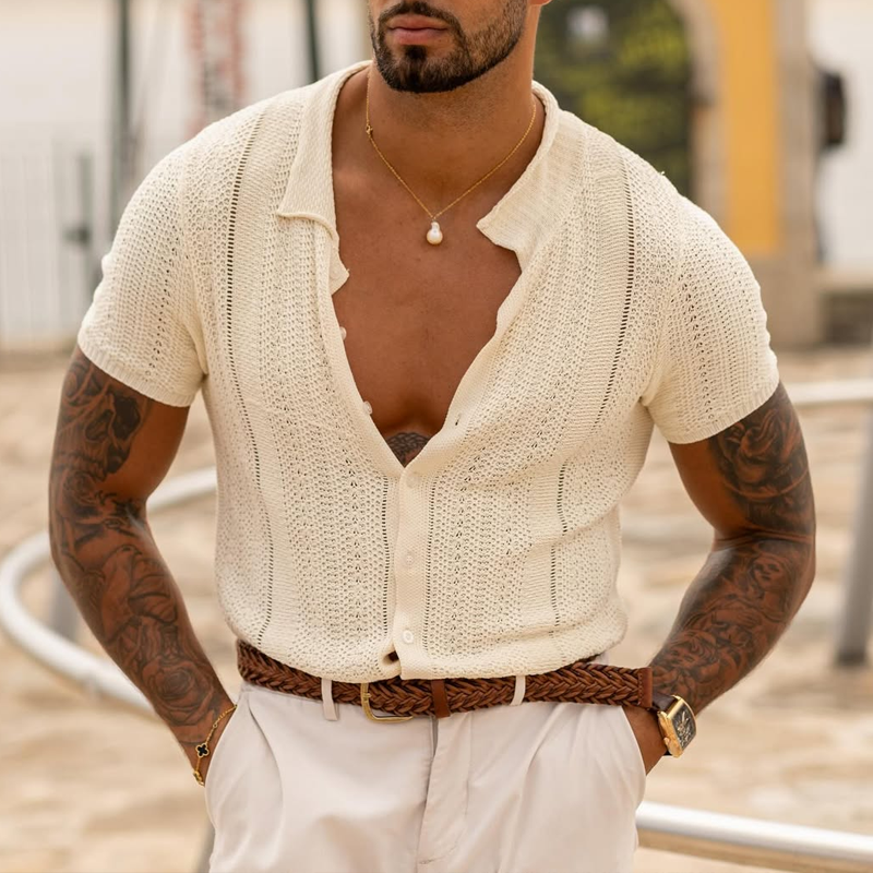 Men's Solid Color Knit Lapel Short Sleeve Single Breasted Polo Shirt 9922453110968