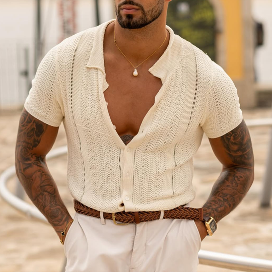 Men's Solid Color Knit Lapel Short Sleeve Single Breasted Polo Shirt 9922453110968