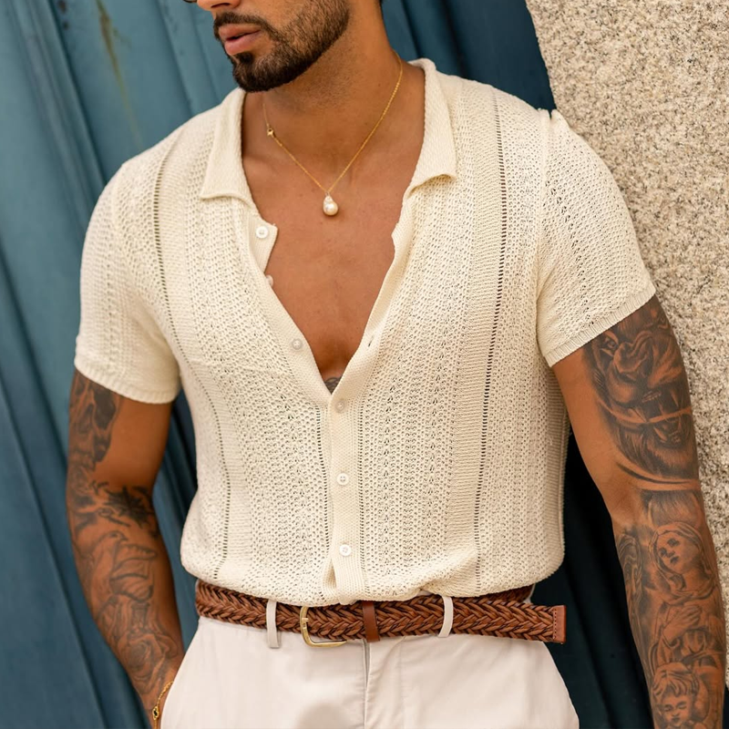 Men's Solid Color Knit Lapel Short Sleeve Single Breasted Polo Shirt 9922453110968