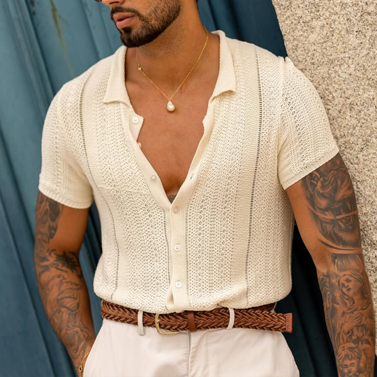 Men's Solid Color Knit Lapel Short Sleeve Single Breasted Polo Shirt 9922453110968