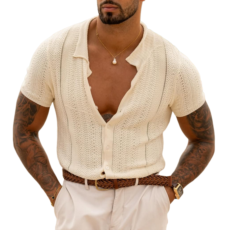 Men's Solid Color Knit Lapel Short Sleeve Single Breasted Polo Shirt 9922453110968