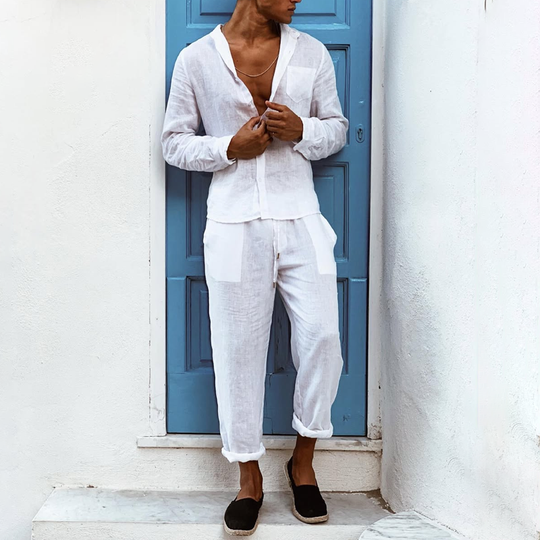 Men's Solid Cotton And Linen Round Neck Long Sleeve Shirt Elastic Waist Trousers Casual Set 9922453504184