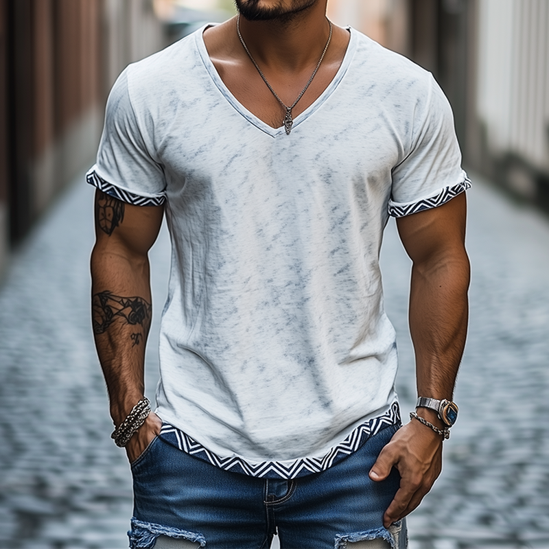 Men's Classic Casual V-Neck Printed Cotton Short Sleeve T-Shirt 9922455634104