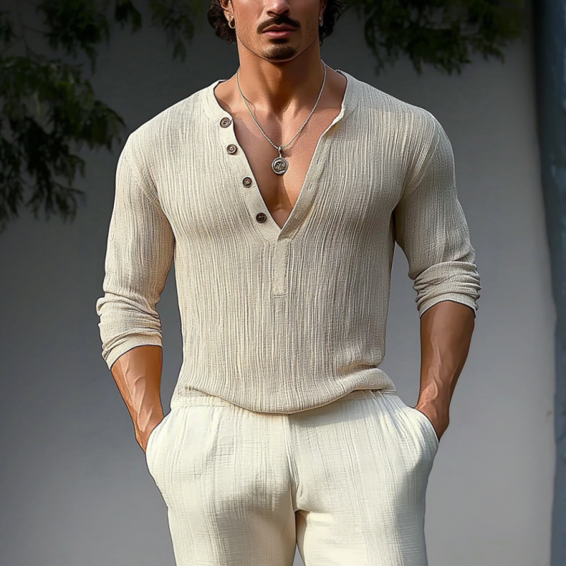 Men's Casual Cotton Linen Pleated Henry Collar Slim Fit Long Sleeve T-Shirt 9922454618296