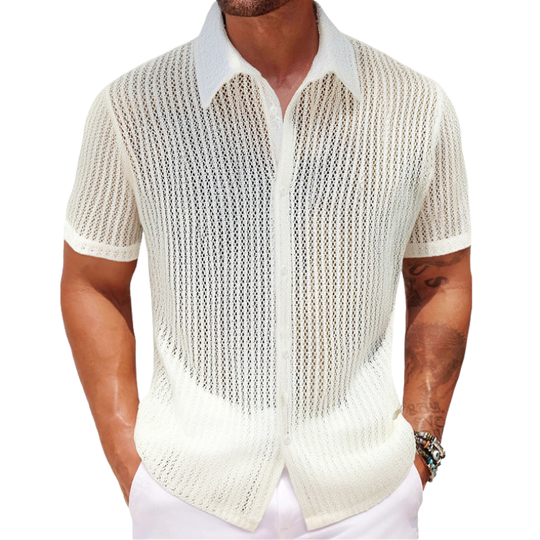 Men's Retro Jacquard Hollow Lapel Slim Short Sleeve Shirt 9922454782136
