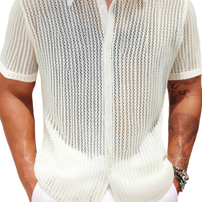 Men's Retro Jacquard Hollow Lapel Slim Short Sleeve Shirt 9922454782136