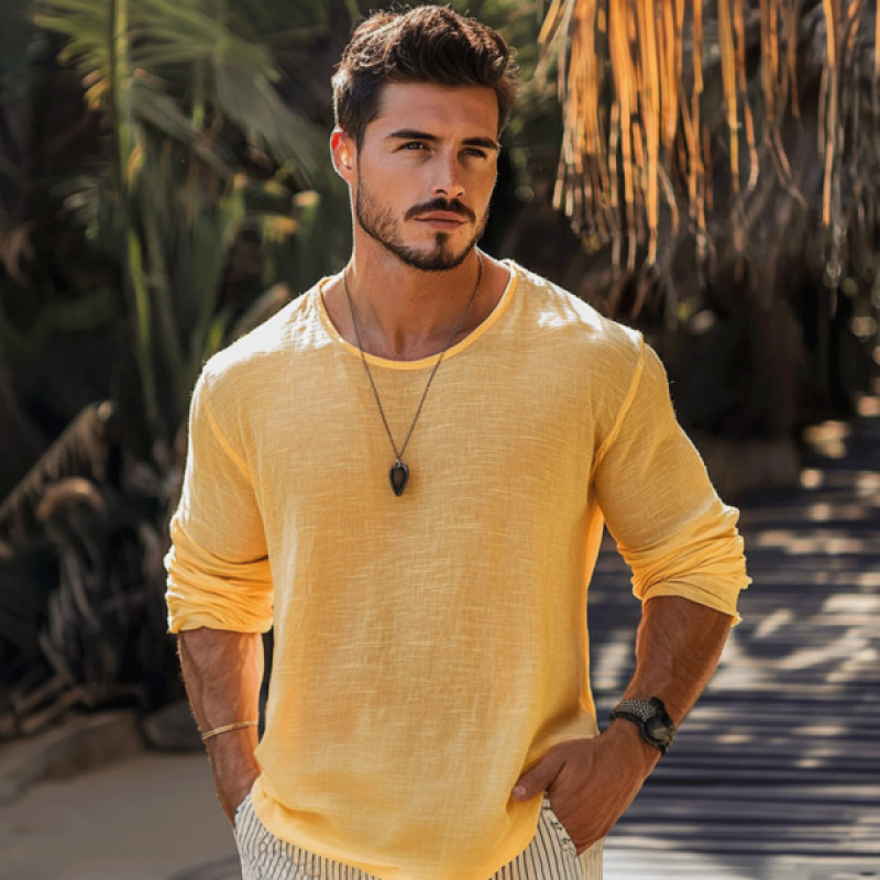 Men's Casual Cotton Linen Round Neck Loose Long Sleeve T-Shirt 9922454978744