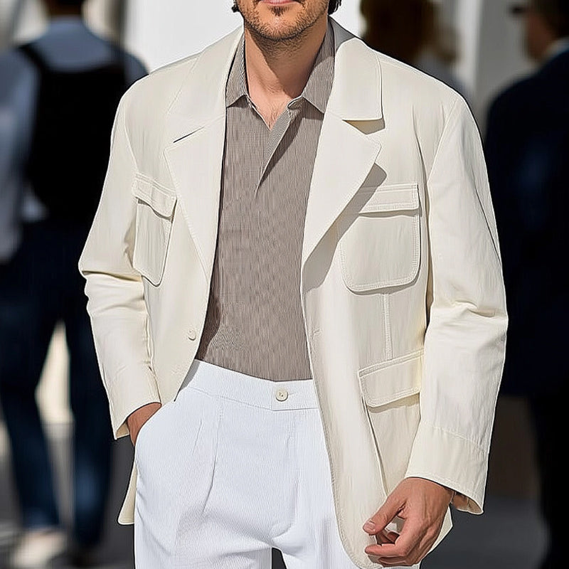 Men's Spring and Autumn Pure White Multi-Pocket Casual Loose Jacket DTT25061215