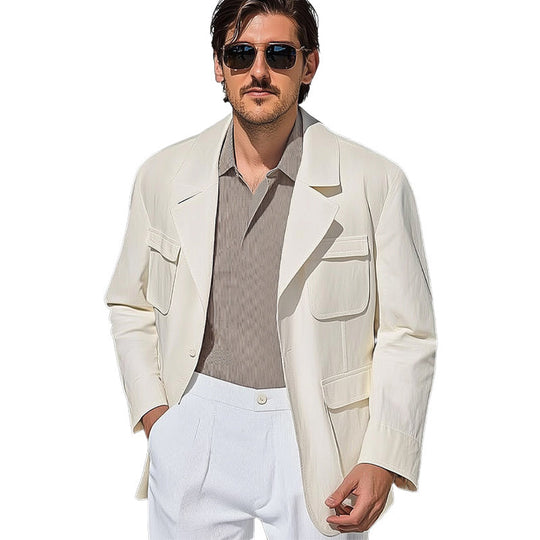 Men's Spring and Autumn Pure White Multi-Pocket Casual Loose Jacket DTT25061215