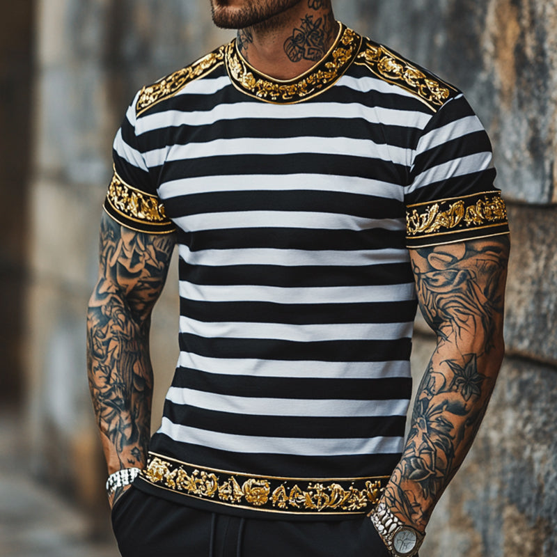 Men's Retro Casual Baroque Printed Round Neck Short Sleeve T-Shirt 9928620277944