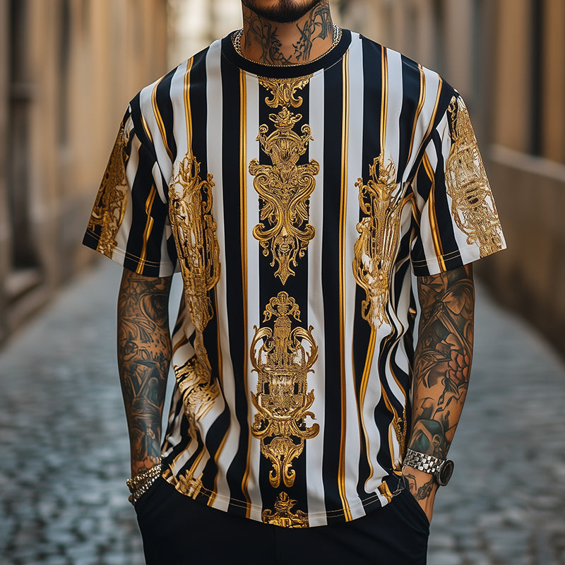 Men's Retro Casual Baroque Printed Round Neck Short Sleeve T-Shirt 9928620441784
