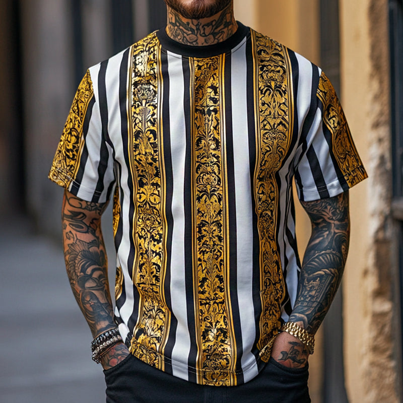 Men's Retro Casual Baroque Printed Round Neck Short Sleeve T-Shirt 9928620638392