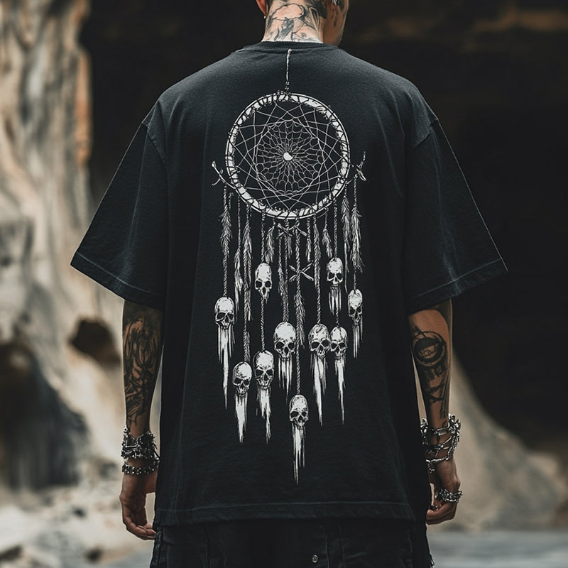 Men's Retro Casual Dreamcatcher Skull Print Round Neck Short Sleeve T-Shirt 9928622178488