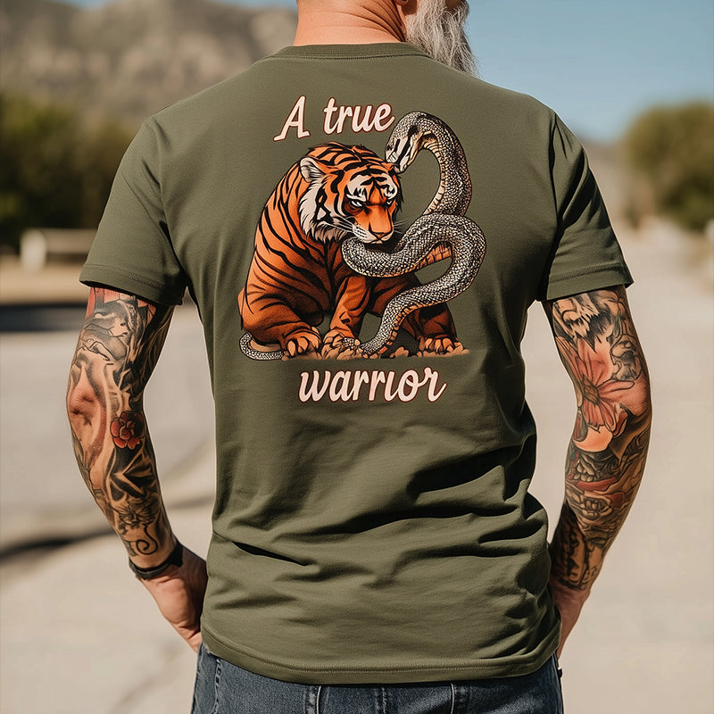Men's retro casual A true warrior print round neck short sleeve T-shirt 9928622014648