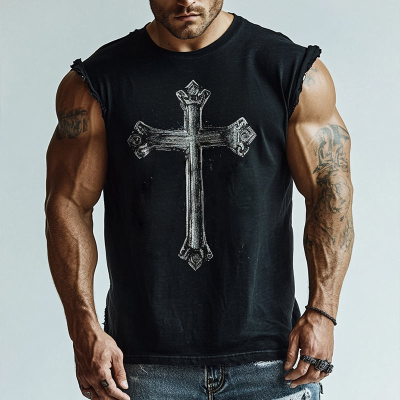 Men's Retro Casual Cross Print Batik Crew Neck Tank Top 9928621785272