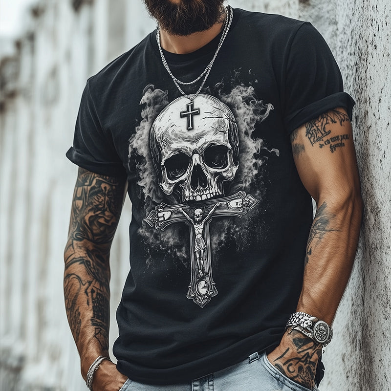 Men's Retro Casual Skull Cross Printed Round Neck Short Sleeve T-Shirt 9928621621432