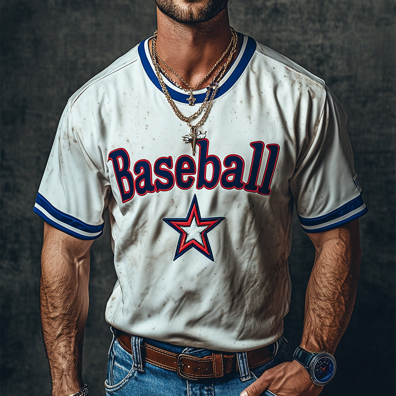 Men's Retro Casual Baseball Printed Round Neck Short Sleeve T-Shirt 9928621064376