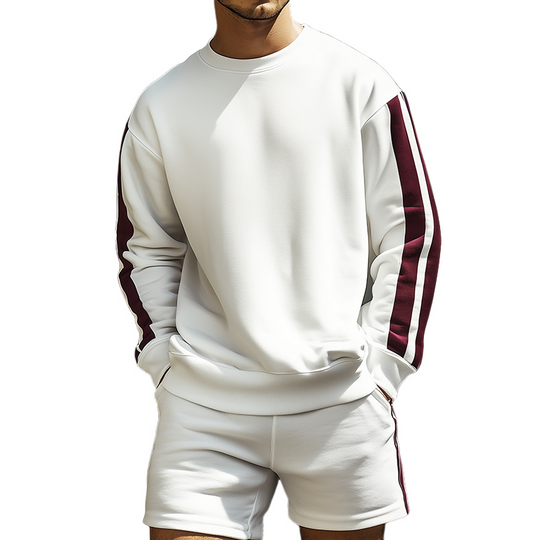 Men's Retro Casual Striped Crew Neck Sweatshirt Shorts Two-Piece Set 9928621228216