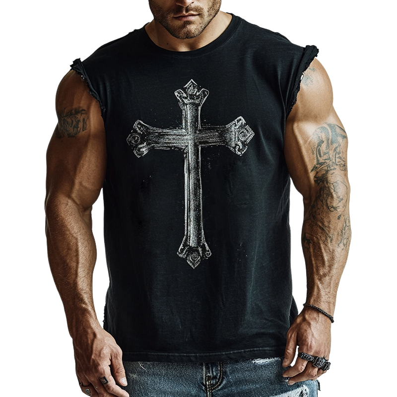 Men's Retro Casual Cross Print Batik Crew Neck Tank Top 9928621785272