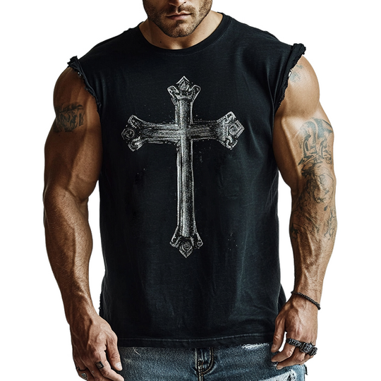 Men's Retro Casual Cross Print Batik Crew Neck Tank Top 9928621785272