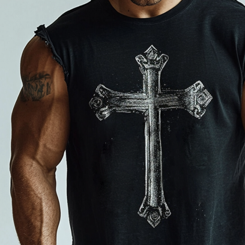 Men's Retro Casual Cross Print Batik Crew Neck Tank Top 9928621785272