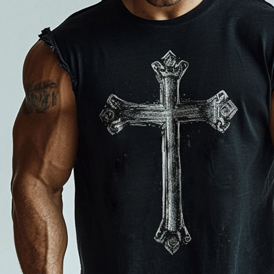 Men's Retro Casual Cross Print Batik Crew Neck Tank Top 9928621785272