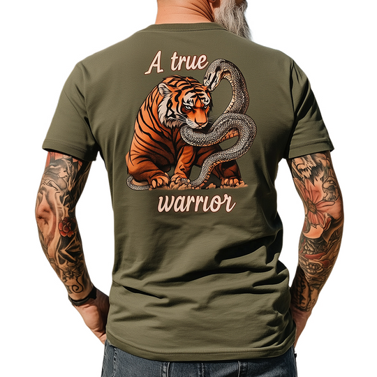 Men's retro casual A true warrior print round neck short sleeve T-shirt 9928622014648