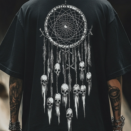 Men's Retro Casual Dreamcatcher Skull Print Round Neck Short Sleeve T-Shirt 9928622178488