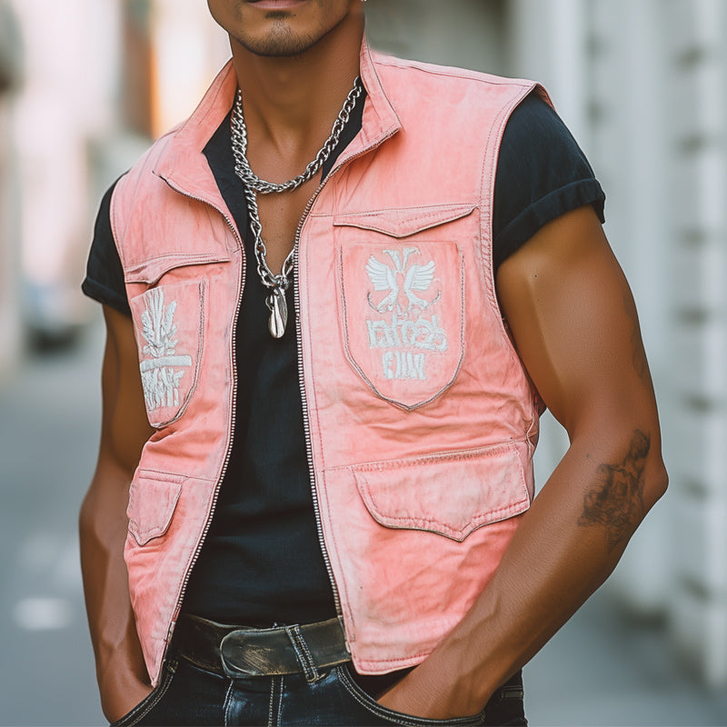 Men's Fresh Pink Faded Denim Embroidered Vest 9930003153080