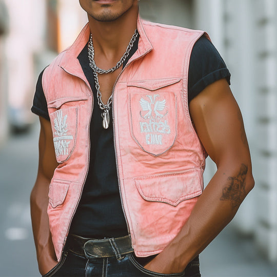 Men's Fresh Pink Faded Denim Embroidered Vest 9930003153080