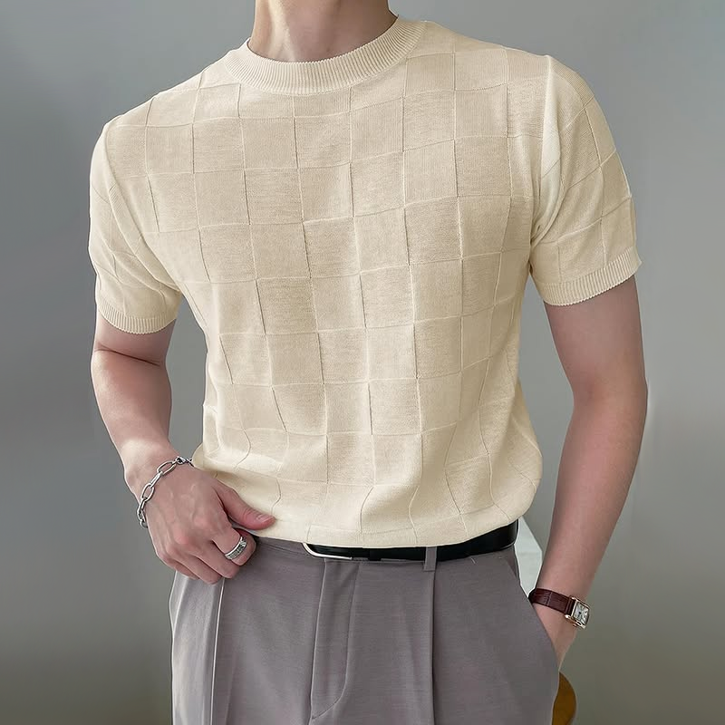 Men's Comfortable Solid Color Square Round Neck Short Sleeve Knitted Sweater T-shirt 9928619065528