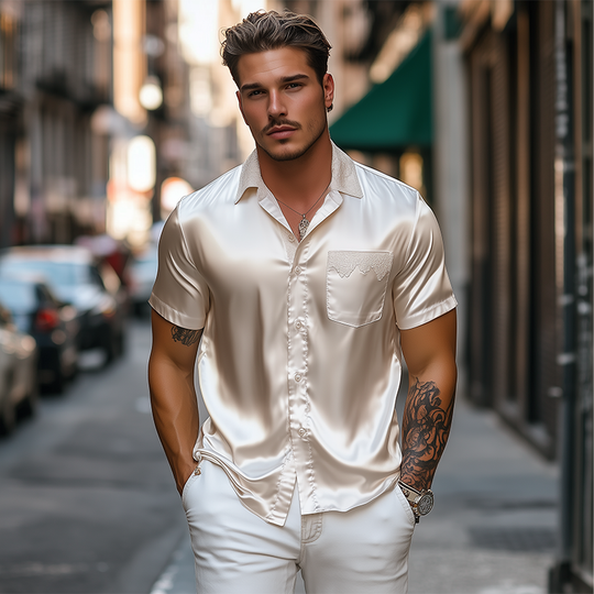Men's Spring and Summer Fashion Pocket Lace Stitching Satin Short Sleeve Shirt 9928619393208